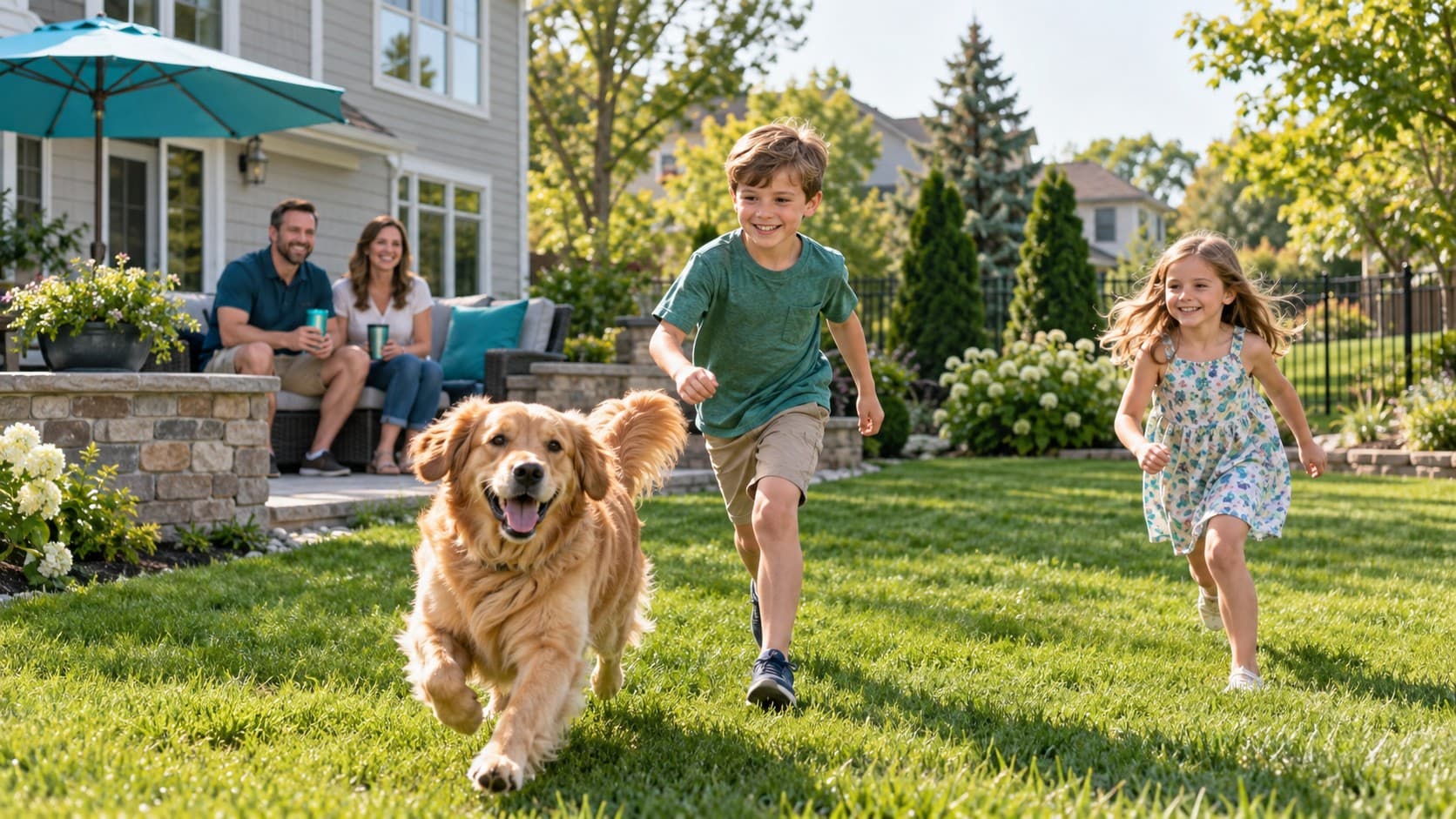 Family enjoying a clean backyard with their dog
